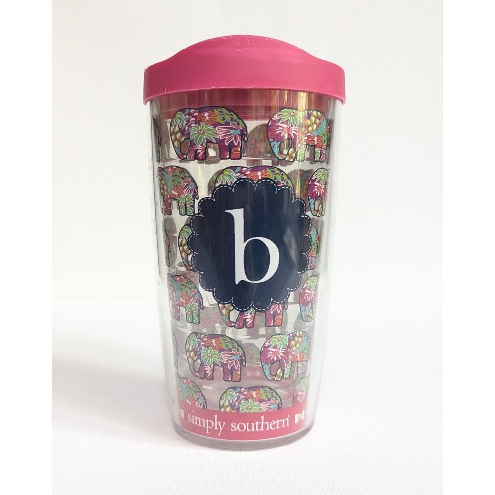 Simply Southern Tervis Tumbler 16 oz “B” Monogram Elephant Print Pink Lid